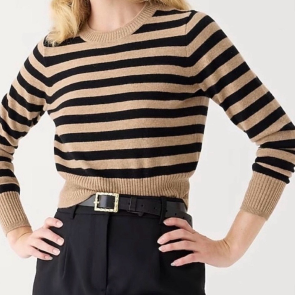 Soft JCrew cashmere black and tan striped cropped sweater